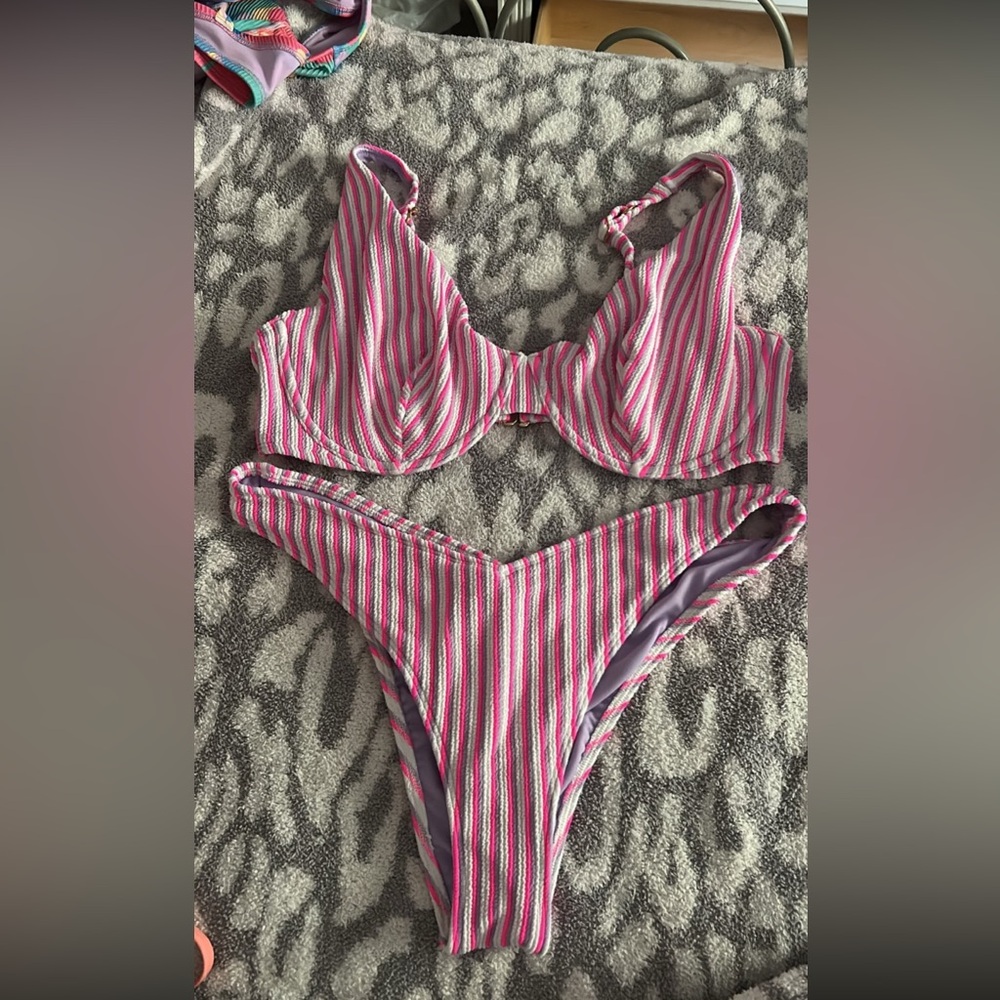 Hollister Pink and White Striped Bikini Set